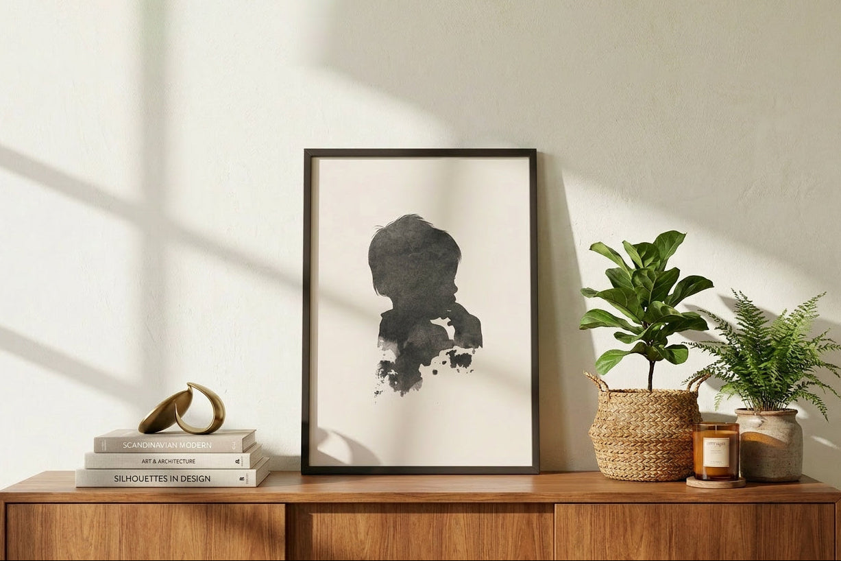 Ink silhouette portrait of little boy framed in black on a sideboard styled with plants. 