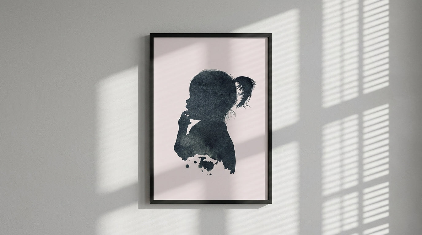 Little Peach Silhouette ink portrait of a little girl sucking her finger, framed in black wood against a white wall with shadows 