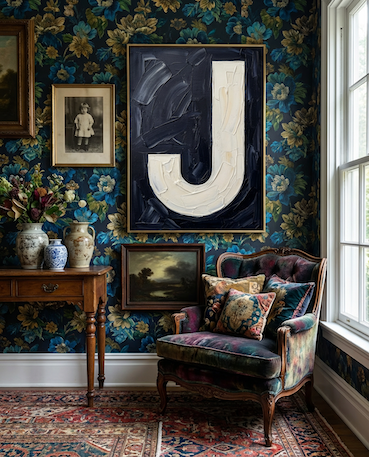 Letter J oil paint art print framed in brass styled in a maximalist interior with large window