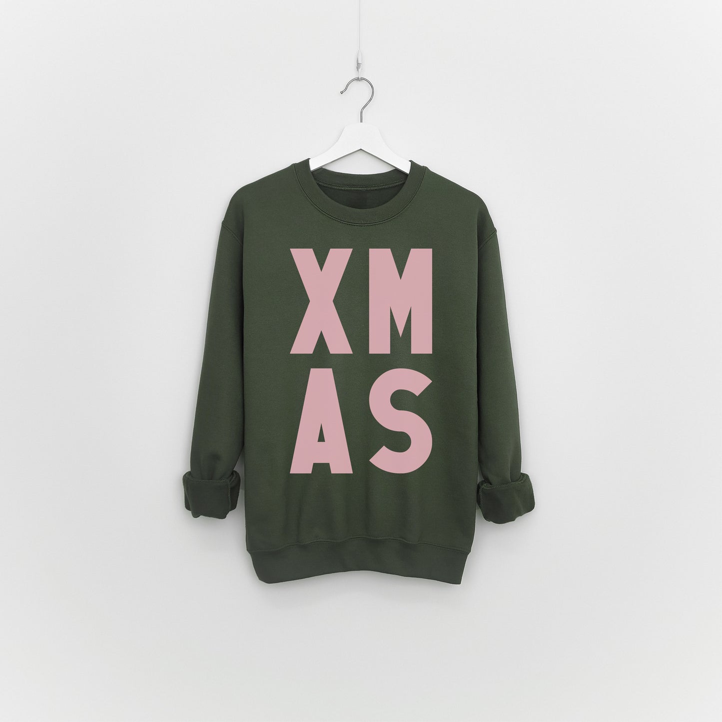 Urban Kharki and  pink  bold graphic XMAS designed statement making Christmas sweatshirt, sustainable, unisex fashion. 