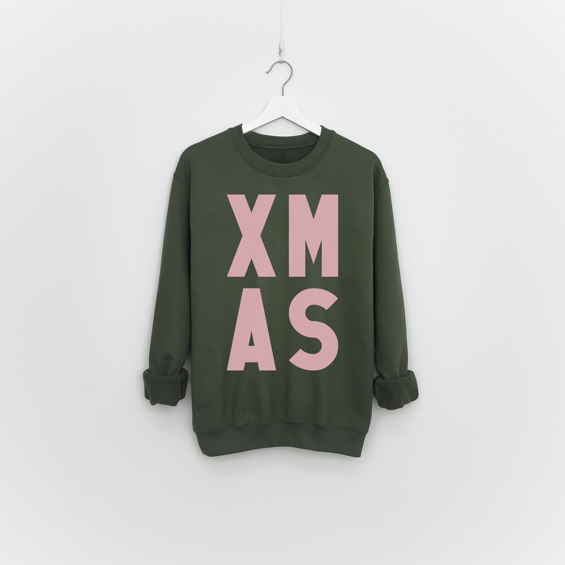 Urban Kharki and  pink  bold graphic XMAS designed statement making Christmas sweatshirt, sustainable, unisex fashion. 