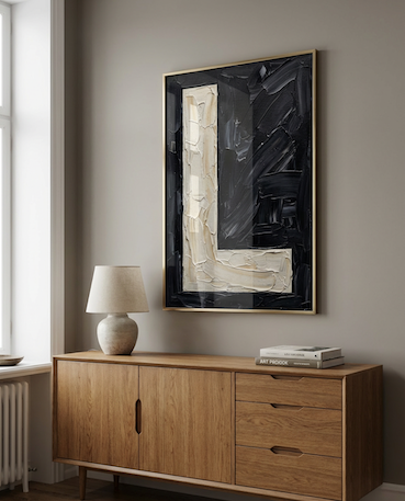 Letter L oil paint art print framed in brass styled on   a mid century sideboard interior with large window