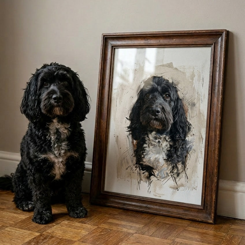 Black cockapoo dog sat next to it's oil painted portrait in a vintage wood frame. 