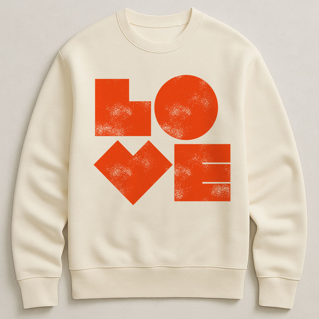 Ivory unisex sweatshirt with bold graphic LOVE printed in orange