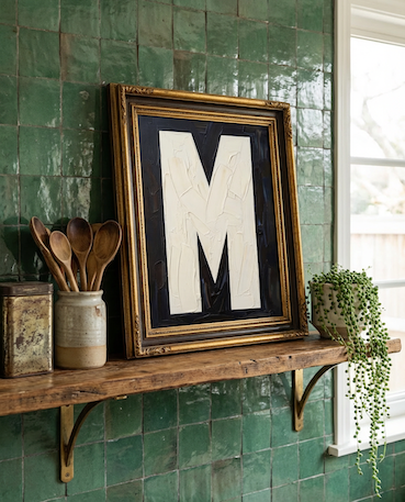 Letter M oil paint art print framed in a vintage gold frame, on a shelf against  green zellige tiled kitchen