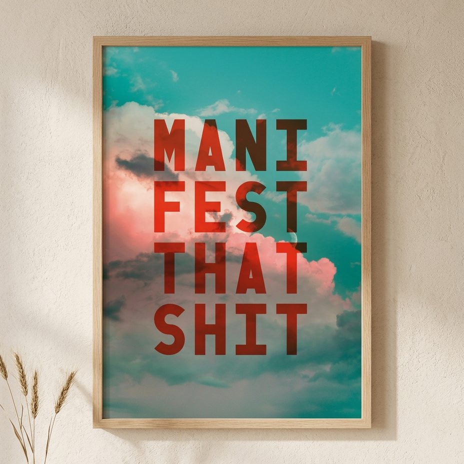 typographic free art print that says manifest that shit, in red letters on sky background