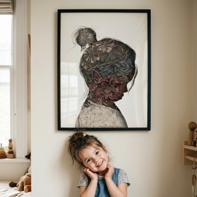 little girl standing underneath her silhouette portrait in her bedroom