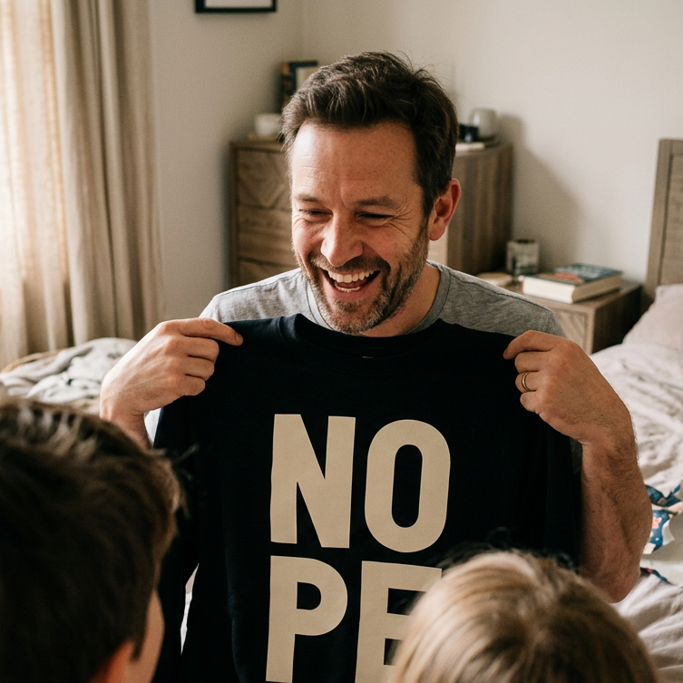 A dad holding up a NOPE sweatshirt to his chest, in a bedroom with kids looking at him