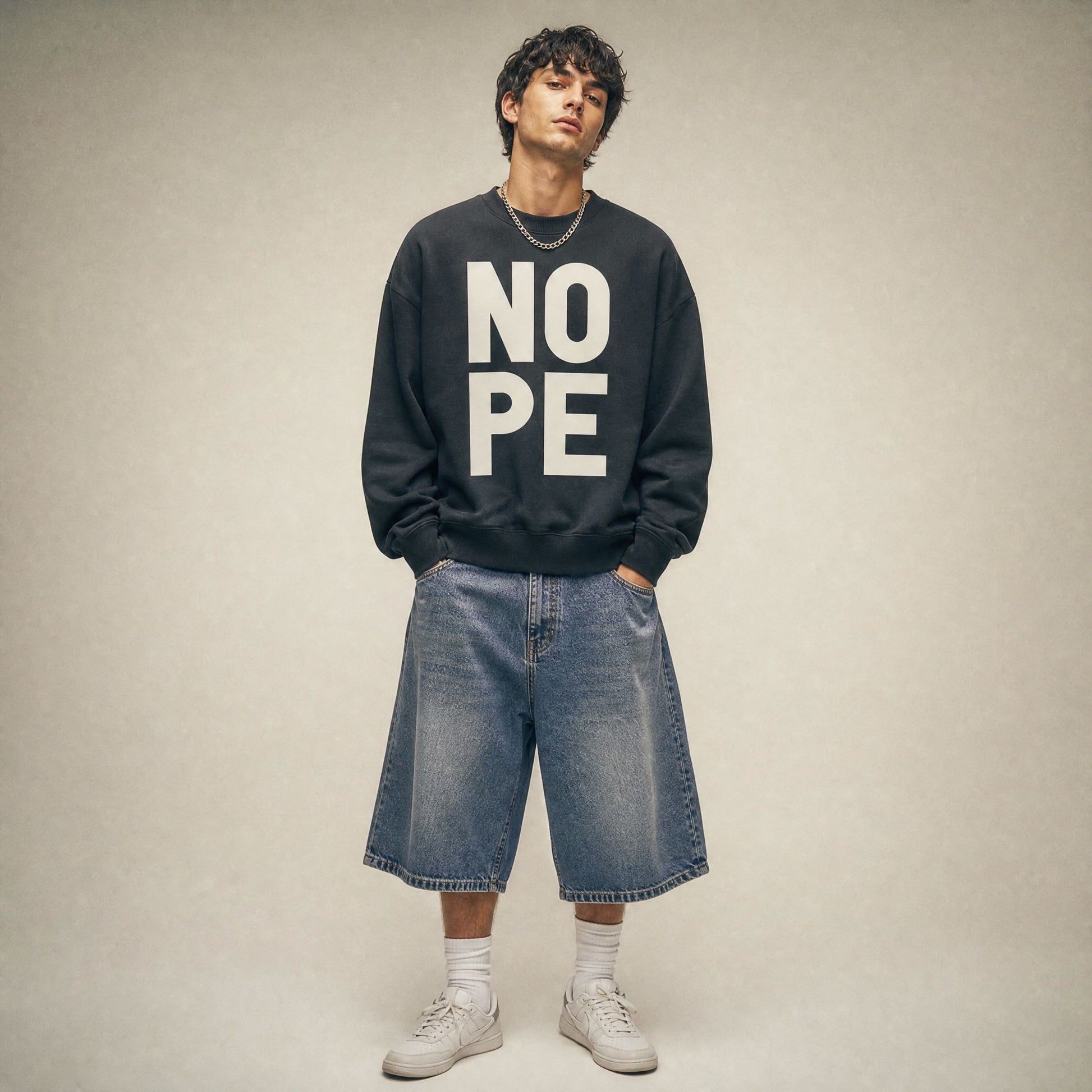 Male model in studio wearing NOPE sweatshirt by burntpeach.co.uk styled with skater denim shorts socks and trainers. 