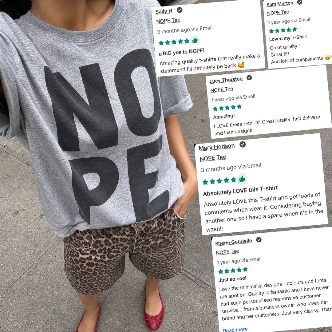 NOPE tee worn with leopard print shorts, surrounded by 5-star customer reviews praising the quality, design and statement.