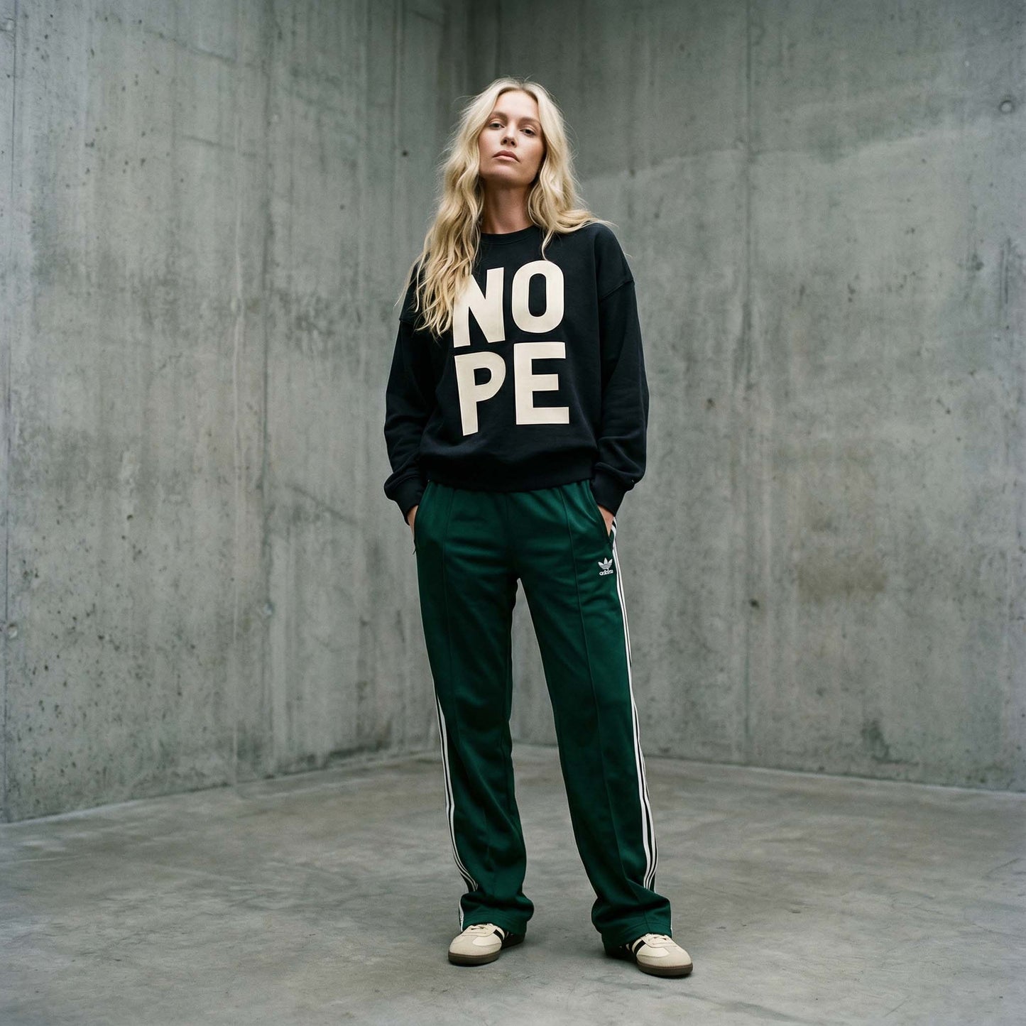 Blonde model wearing black NOPE sweatshirt with green Adidas joggers and trainers, photographed in a concrete studio