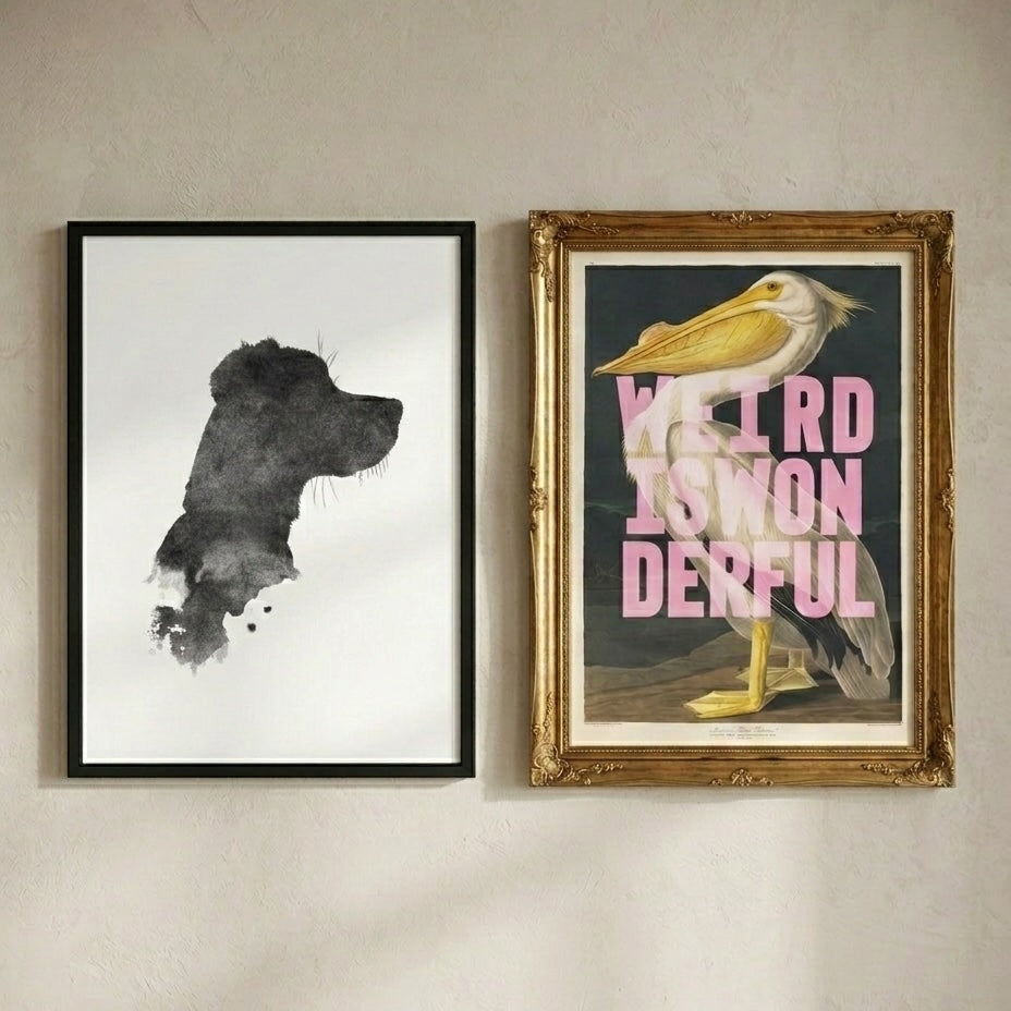 Dogs side profile ink silhouette, framed in black, next to free art print  of a pelican with pink text, weird is wonderful. 