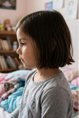 side profile photo of a little girl in bedroom for silhouette portrait
