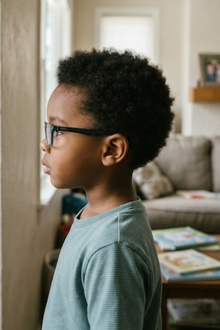 side profile photo of little boy with glasses