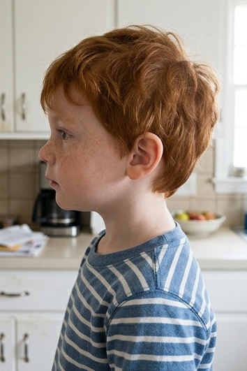 boy in kitchen, side profile photo