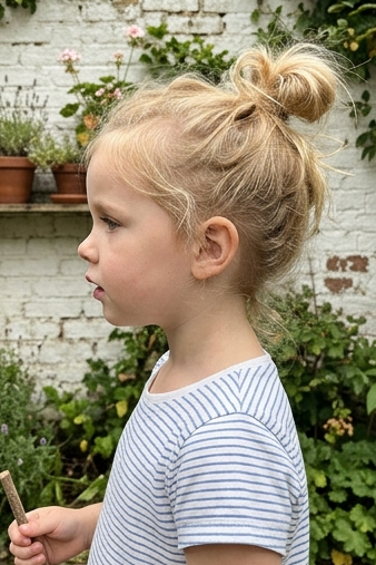side profile photo of little girl in the garden