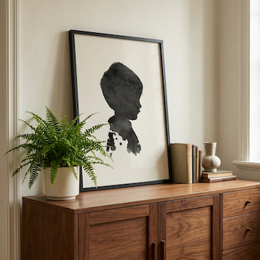 Boys ink silhouette portrait framed in black styled on mid century sideboard next to fern plant. 
