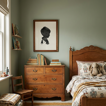 Boys bedroom with ink silhouette portrait framed in wood, on a green wall. 