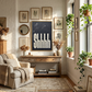 Bohemium styled room with gallery wall and  art print in oil paint saying Shhhh in black and white, framed in wood. 