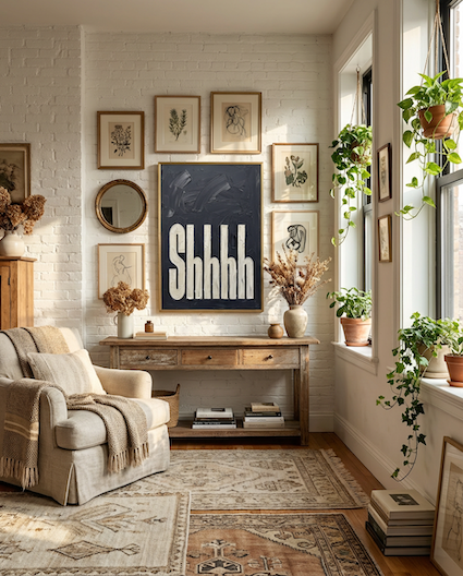 Bohemium styled room with gallery wall and  art print in oil paint saying Shhhh in black and white, framed in wood. 