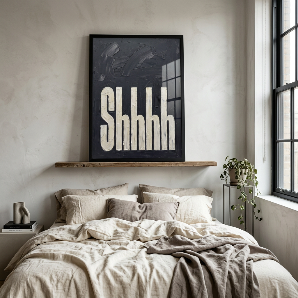 Shhhh black textured bedroom wall art print in a black frame above a neutral bed in a modern minimalist bedroom.