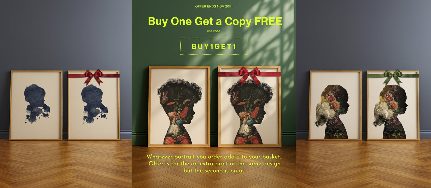 Framed floral and ink silhouette portraits of children, against dark walls, showing the offer buy 1 get 1 free. Perfect for gifting 
