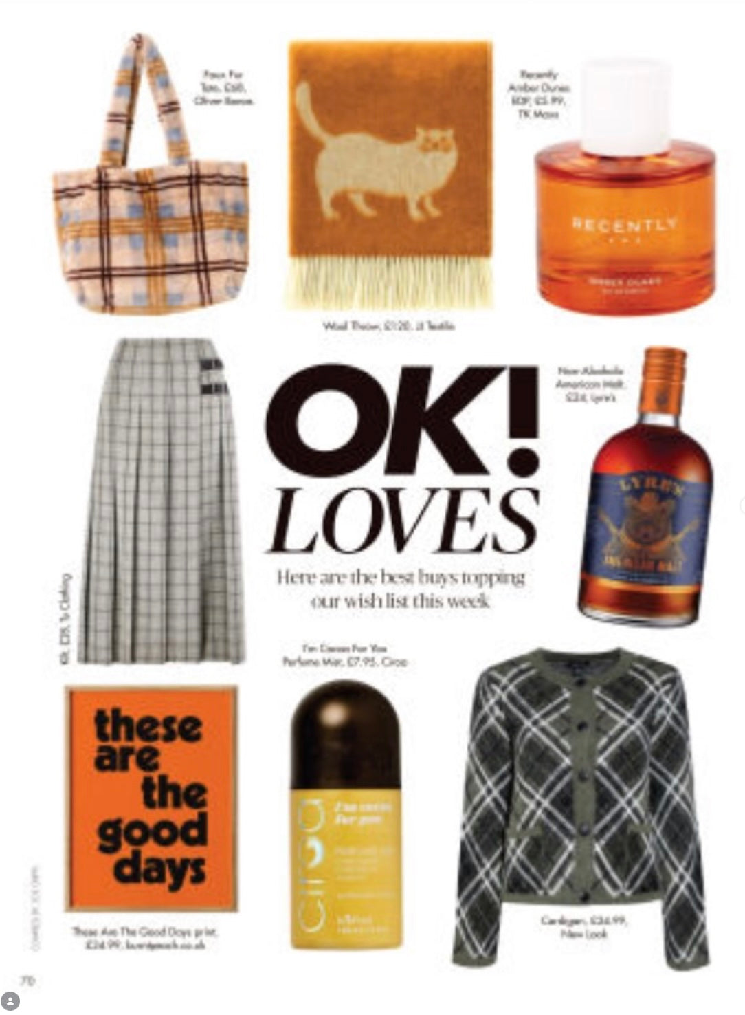 These Are The Good Days print in orange and black featured in OK magazine. Shown with other items OK Loves. 