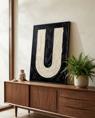 Letter U oil paint art print framed in black styled on   a mid century sideboard interior with large window