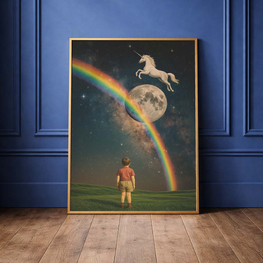 Celestial style image of a unicorn jumping over a moon and rainbow with a boy watching. Collage style, free digital download wall art print. 