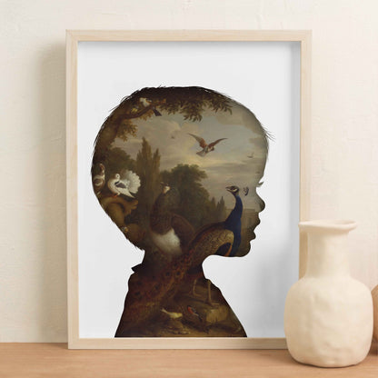 Silhouette of little boy filled with painting of various birds. - burnt peach.