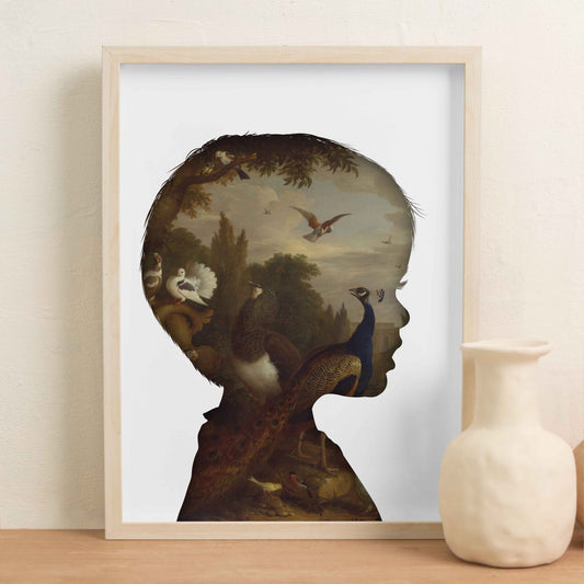 Silhouette of little boy filled with painting of various birds. - burnt peach.