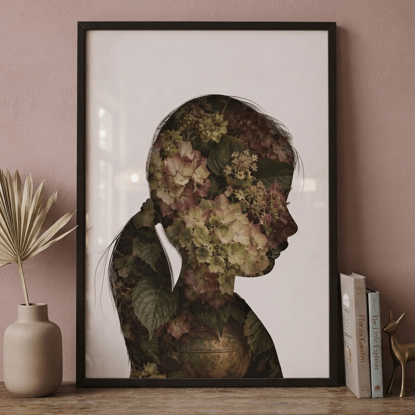 Floral Collection silhouette portrait with hydrangeas in warm autumn colours, by Burnt Peach