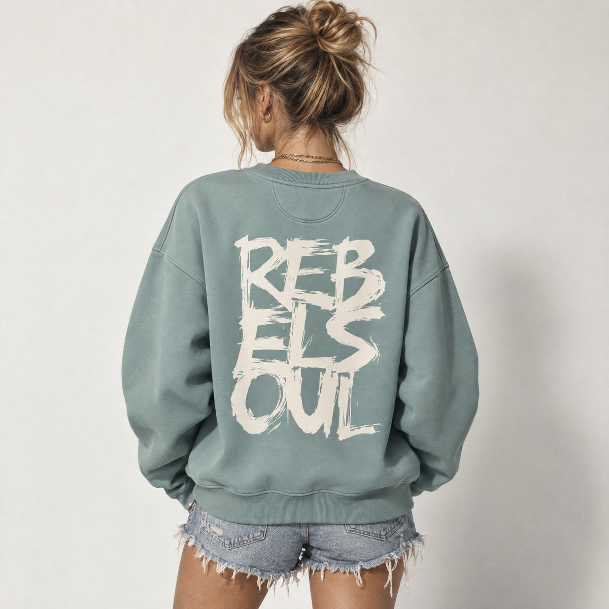 Back view of the Rebel Soul organic sweatshirt in jade showing the large back print, by Burnt Peach