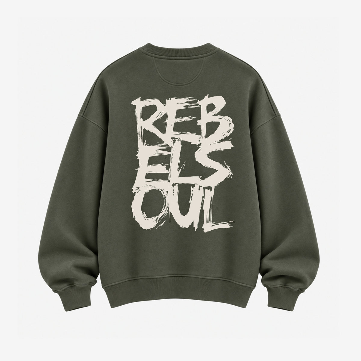 Rebel Soul organic sweatshirt in khaki, back print, by Burnt Peach