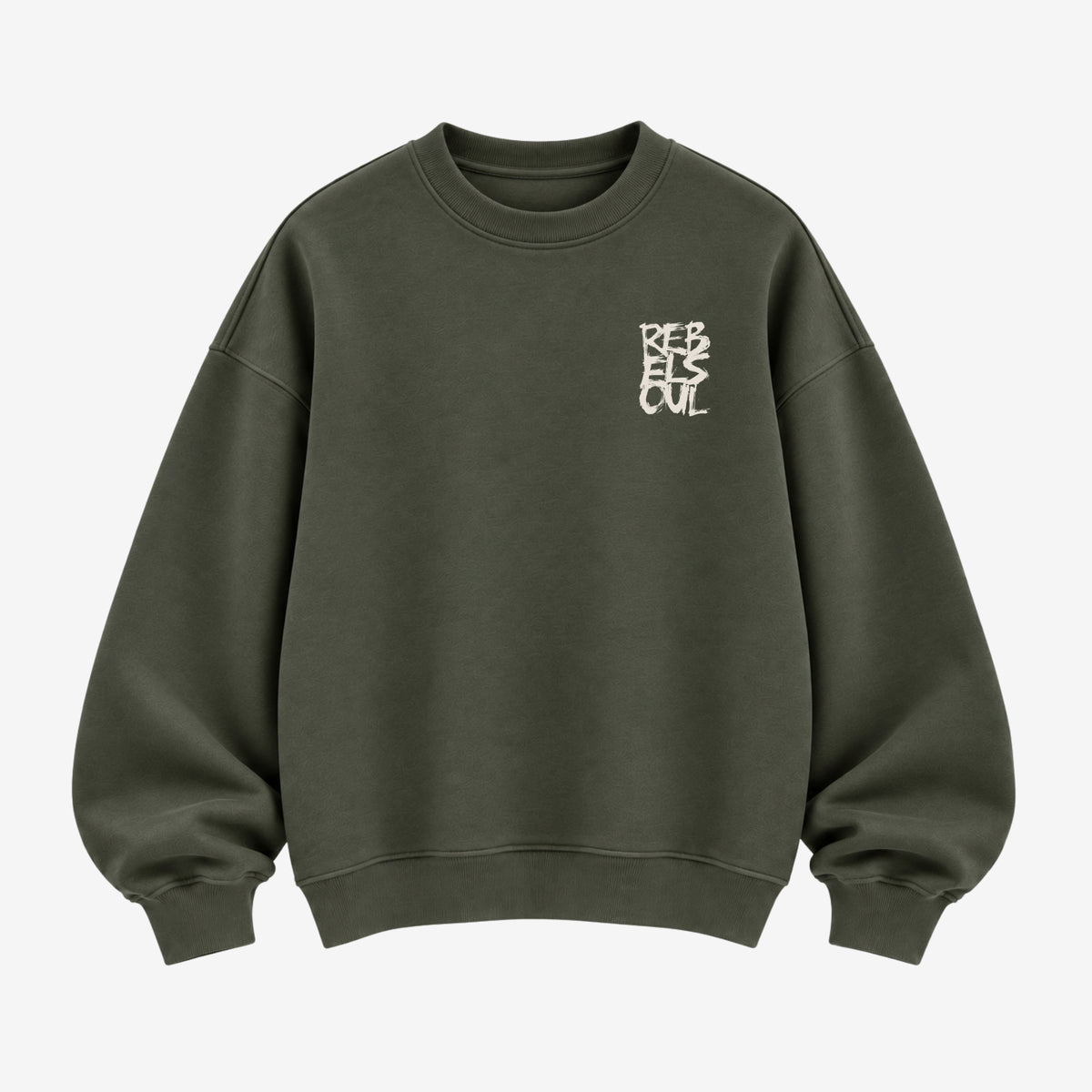 Rebel Soul organic sweatshirt in khaki, front, by Burnt Peach