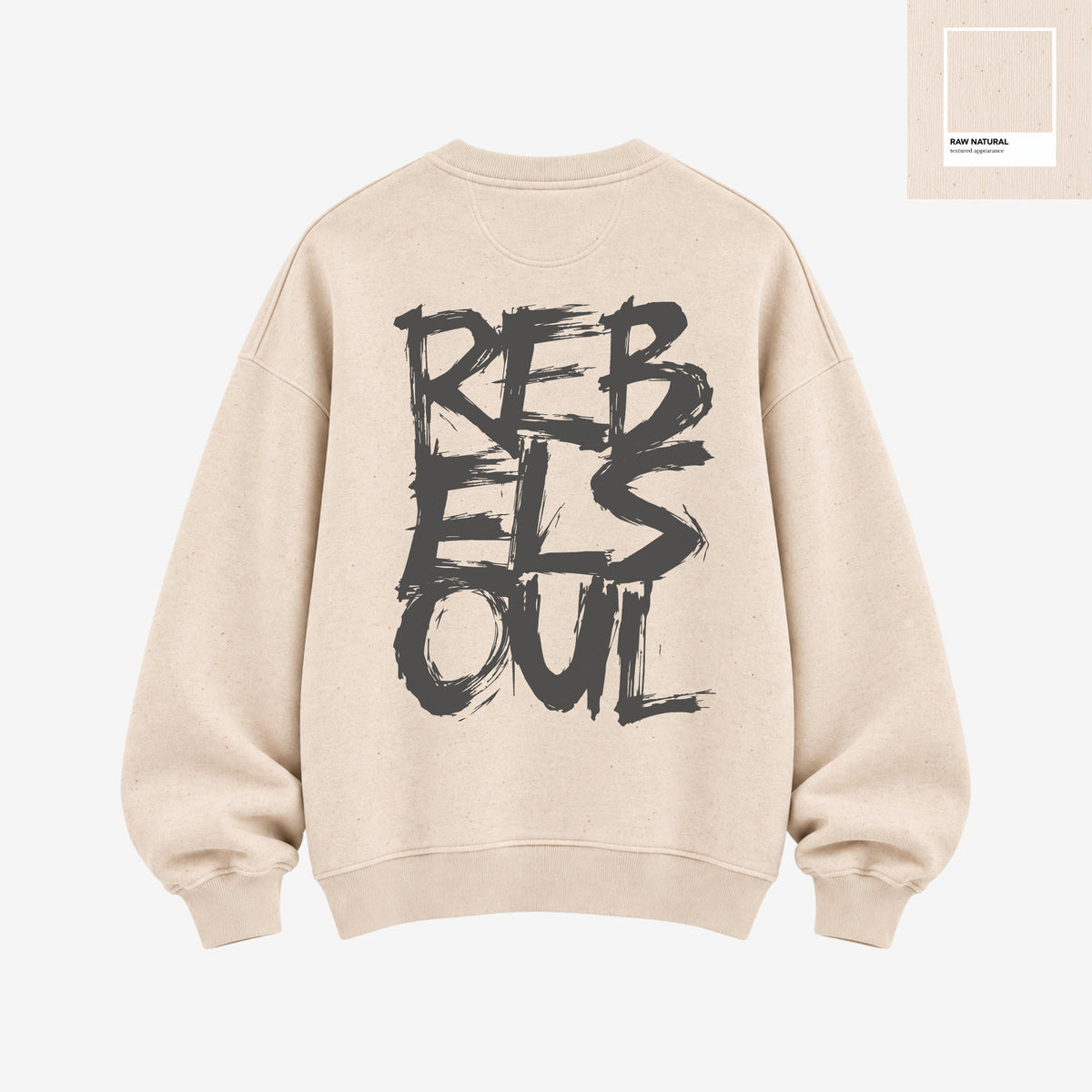 Rebel Soul organic sweatshirt in raw natural, back print, by Burnt Peach