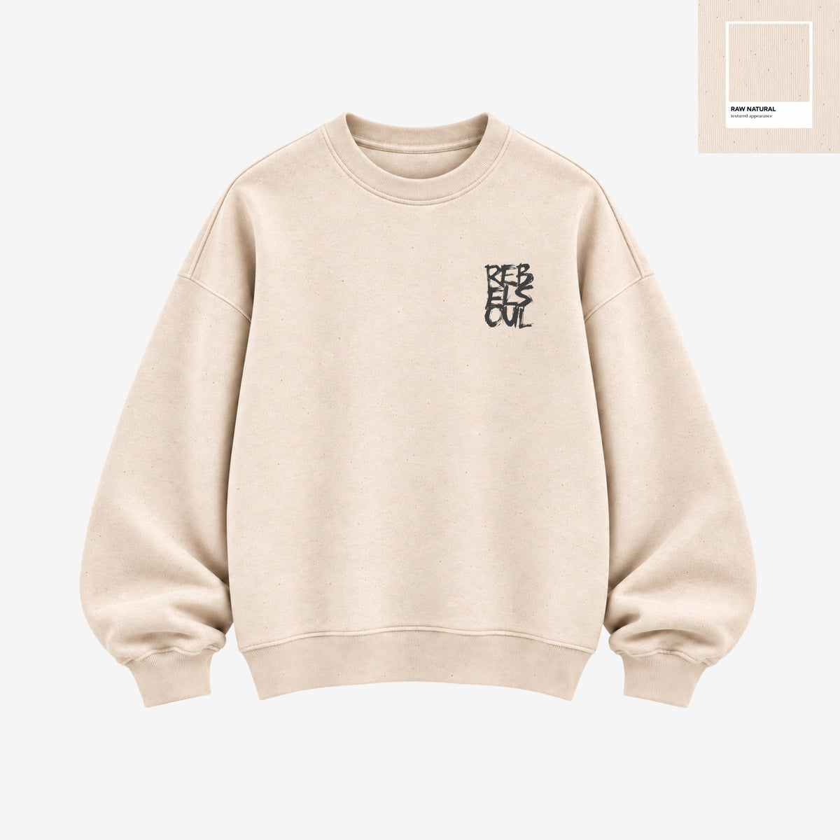 Rebel Soul organic sweatshirt in raw natural, front, by Burnt Peach