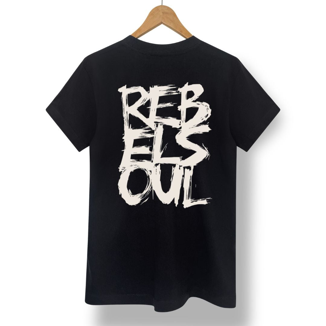 Rebel Soul T-shirt in black, stone back print, by Burnt Peach
