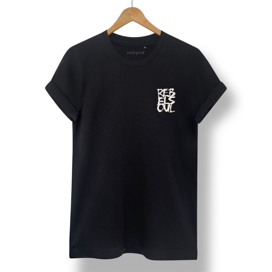 Rebel Soul T-shirt in black, small stone chest print, by Burnt Peach