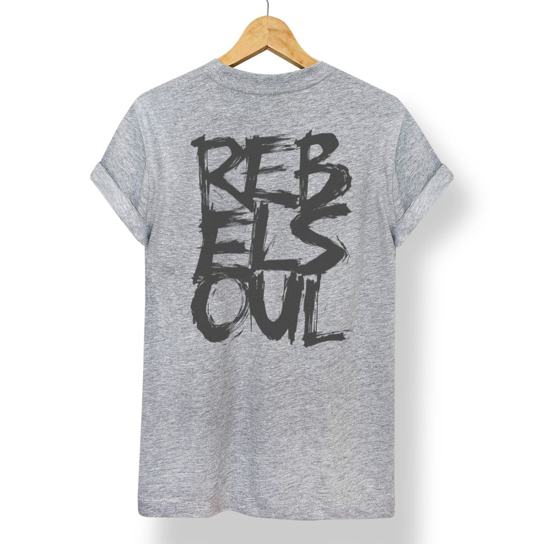 Rebel Soul T-shirt in grey marl, black back print, by Burnt Peach