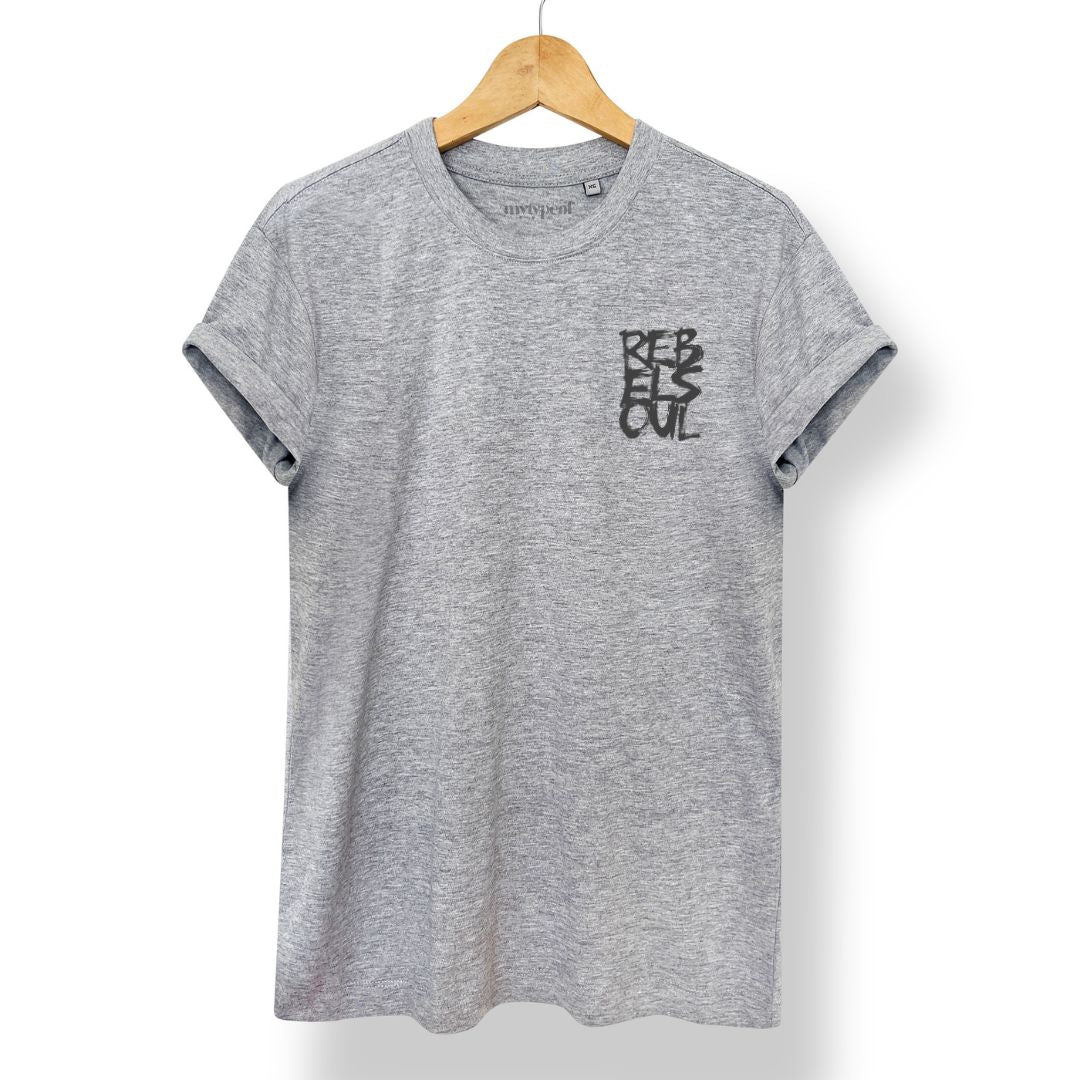 Rebel Soul T-shirt in grey marl, small black chest print, by Burnt Peach