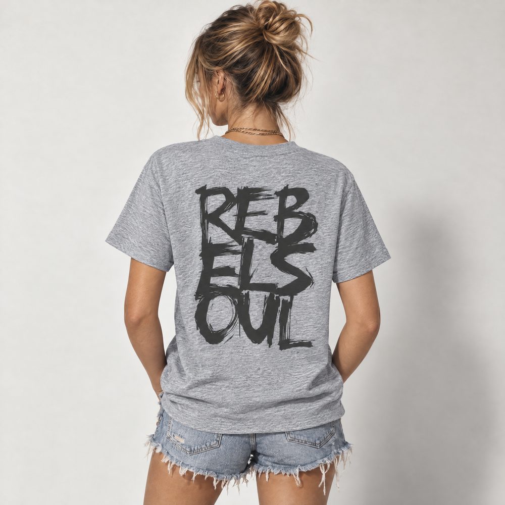 Rebel Soul T-shirt in grey marl, back print, worn in the studio, by Burnt Peach
