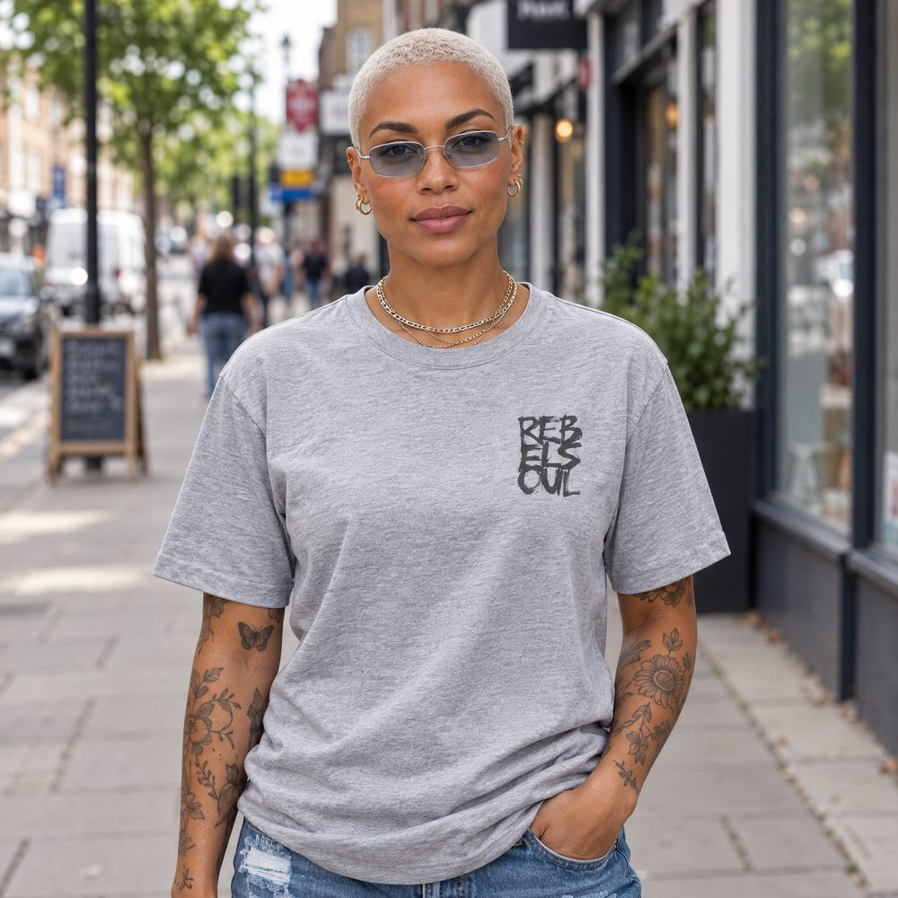 Rebel Soul T-shirt in grey marl, small chest print, worn on the street, by Burnt Peach