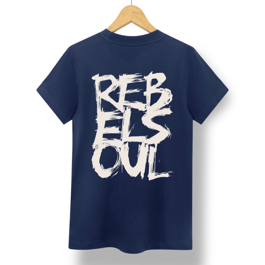 Rebel Soul T-shirt in navy, stone back print, by Burnt Peach
