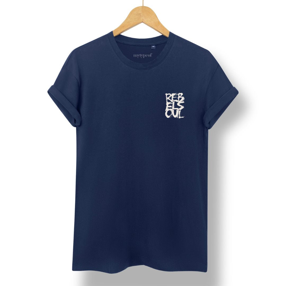 Rebel Soul T-shirt in navy, small stone chest print, by Burnt Peach