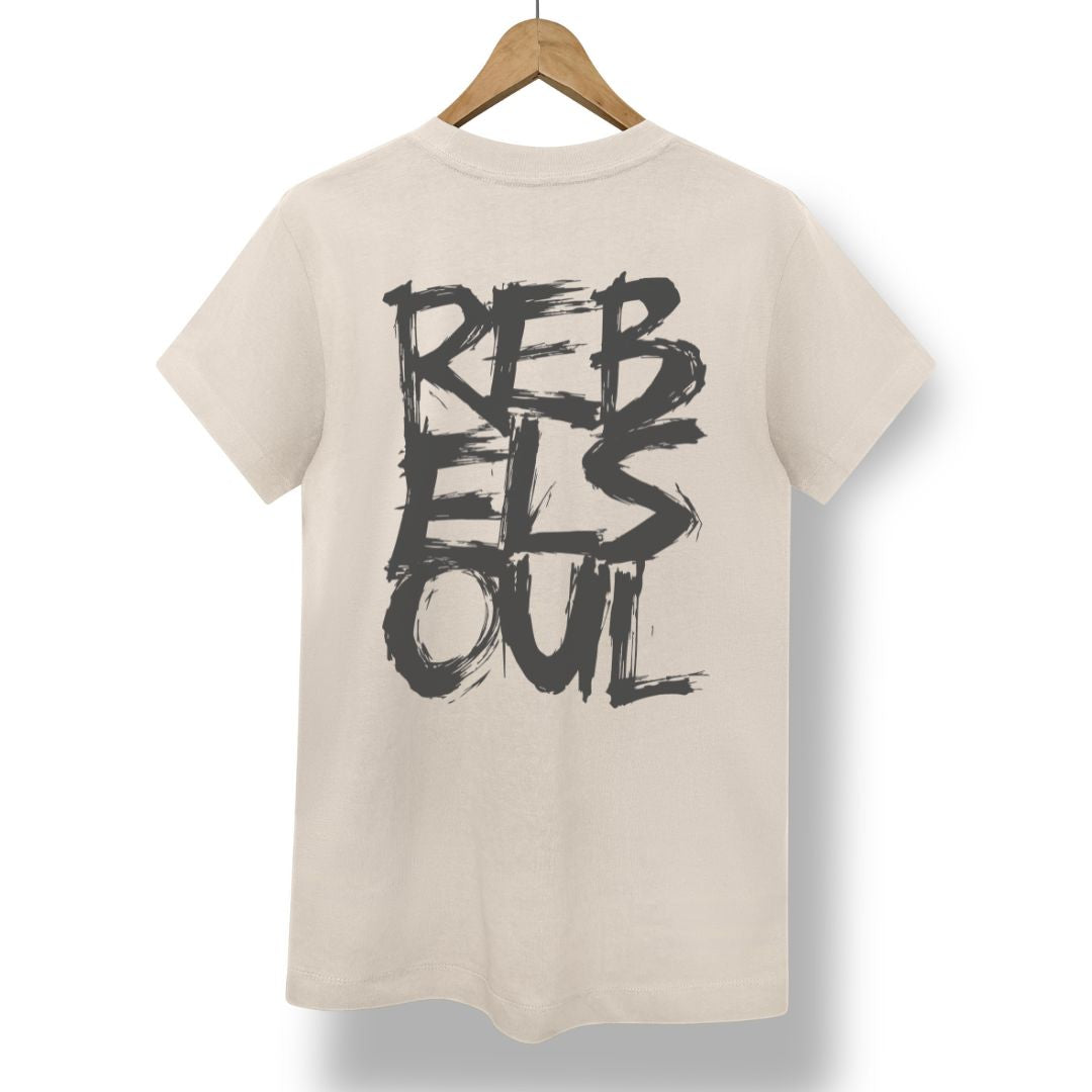 Rebel Soul T-shirt in stone, black back print, by Burnt Peach