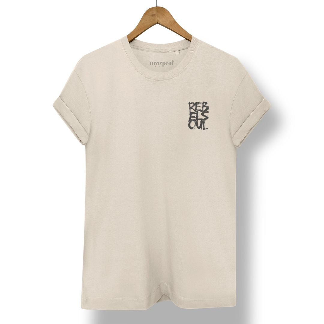 Rebel Soul T-shirt in stone, small black chest print, by Burnt Peach