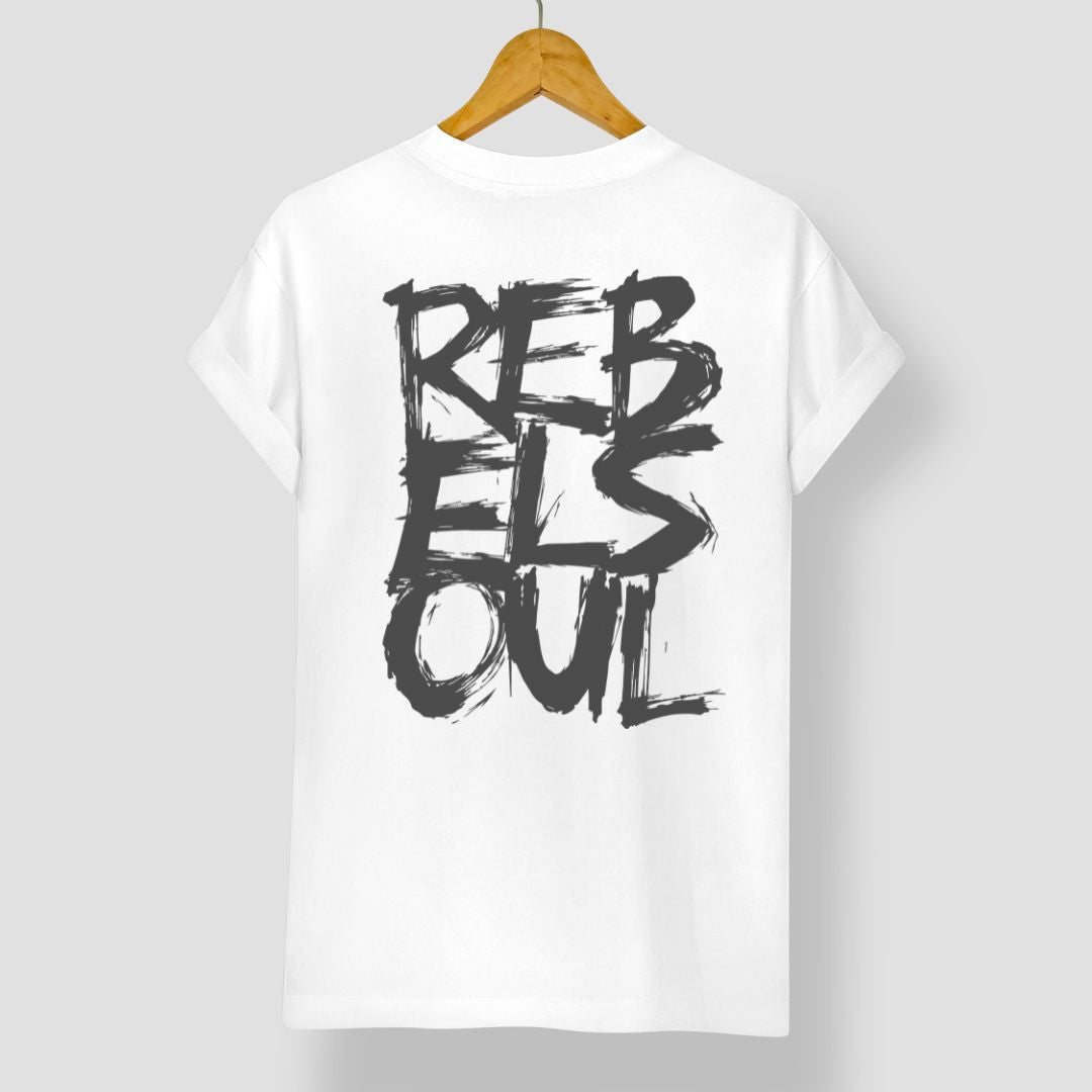 Rebel Soul T-shirt in white, black back print, by Burnt Peach