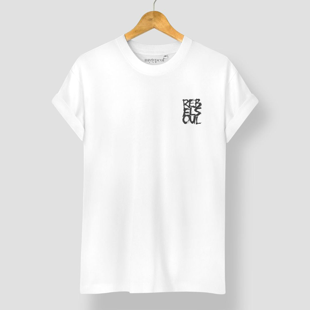Rebel Soul T-shirt in white, small black chest print, by Burnt Peach