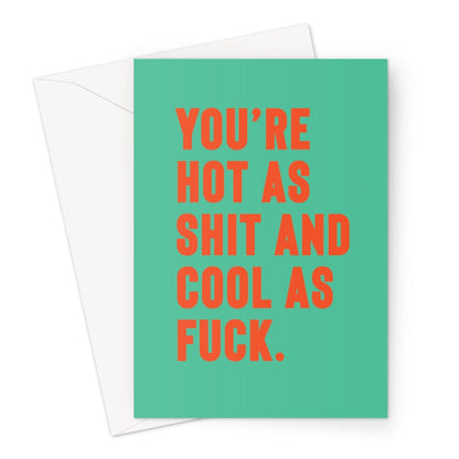 Shit Hot - Teal Greeting Card - burnt peach.